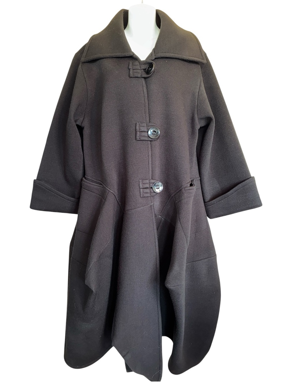 Sarah Santos coat women's L, black wool knit, avant-guard, cubist shape! Euc